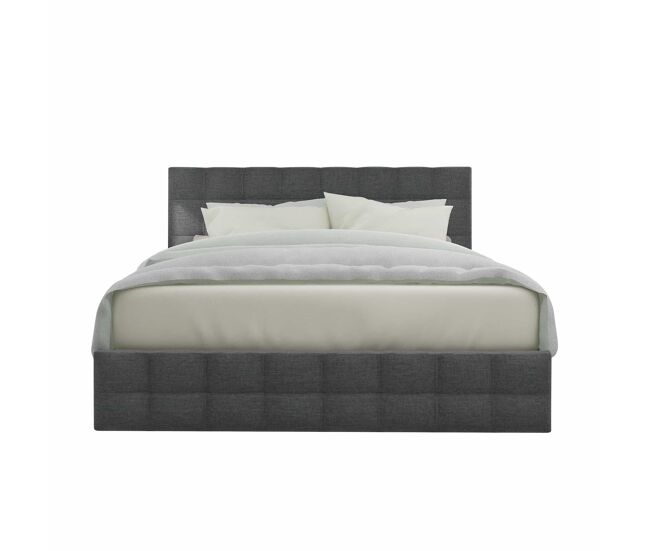 Cama estofada 140x200 cm - 4 gavetas, cabeceira ajustável, base de ripas, estrutura com espaço de arrumação - cinza
