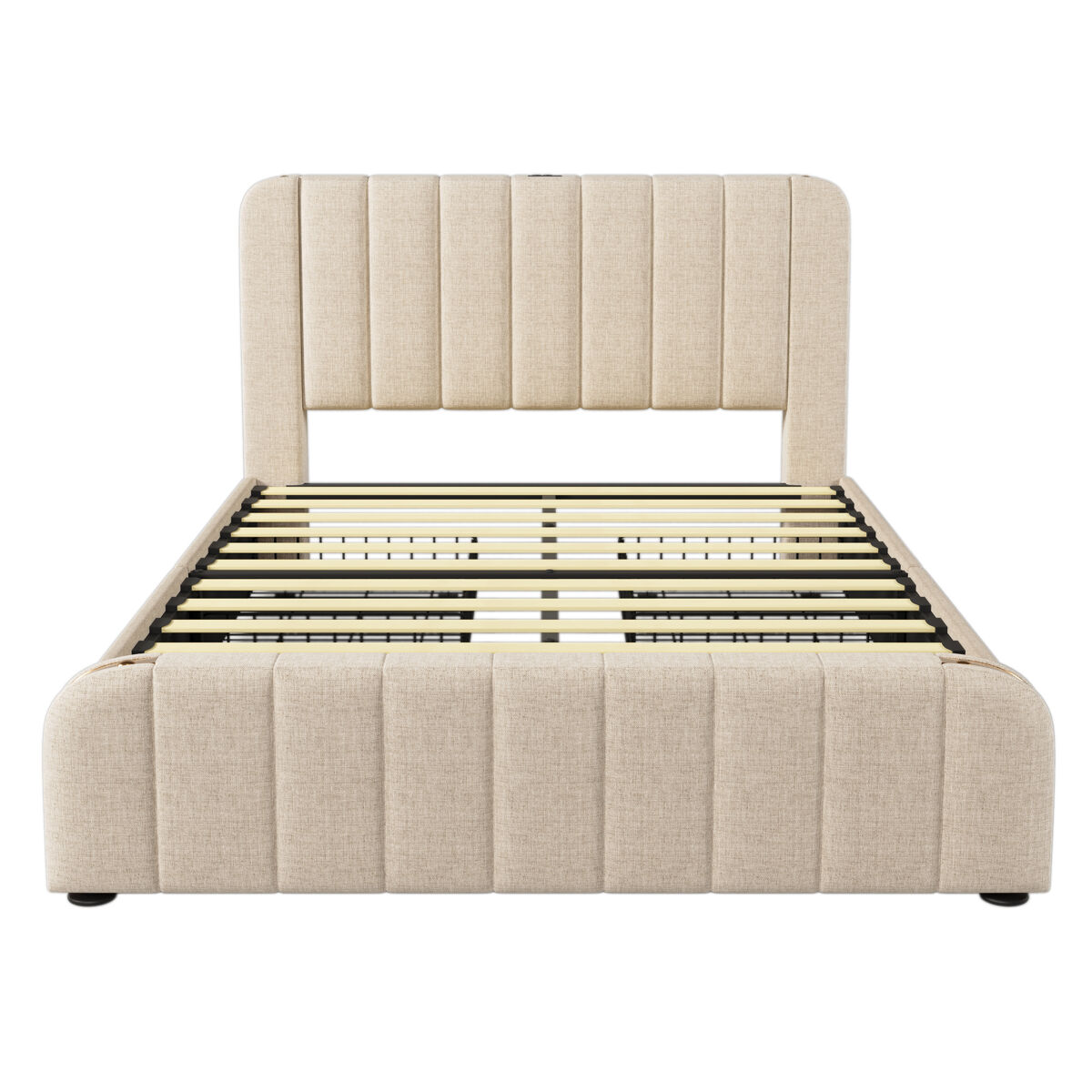 Cama de casal estofada 140x200 - cabeceira acolchoada com tiras douradas, 4 gavetas, carregador usb tipo-c - bege