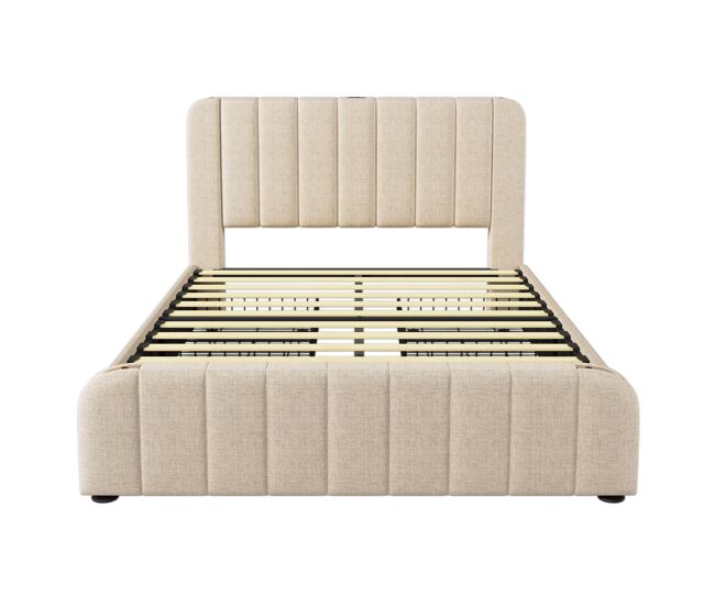 Cama de casal estofada 140x200 - cabeceira acolchoada com tiras douradas, 4 gavetas, carregador usb tipo-c - bege