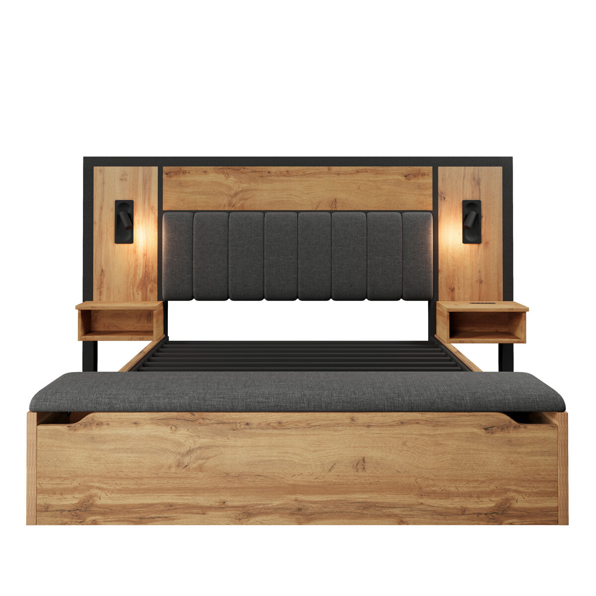 Cama de casal 160x200 - com candeeiro de leitura, mesa de cabeceira com porta usb c, banco com arrumação, estrutura em metal, madeira e linho, eiche - com colchão