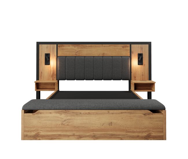 Cama de casal 160x200 - com candeeiro de leitura, mesa de cabeceira com porta usb c, banco com arrumação, estrutura em metal, madeira e linho, eiche - com colchão