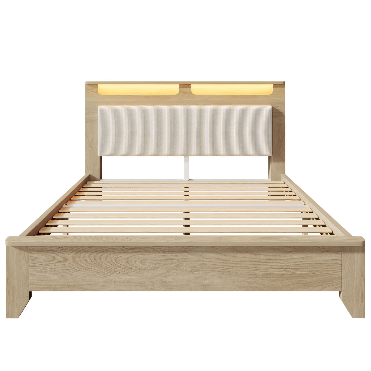 Cama de casal 140x200 cm - cabeceira com arrumação, iluminação led, encosto em tecido veludo bege - carvalho claro