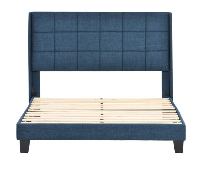 Cama polsterbett 140x200cm - com cabeceira acolchoada, com estrado, de linho azul, firmeza média - azul