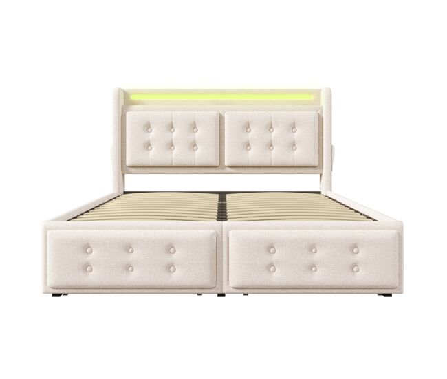 Cama estofada 160x200 - cabeceira led, carregamento usb c, 4 gavetas, estrado de madeira e metal, 300 kg - bege