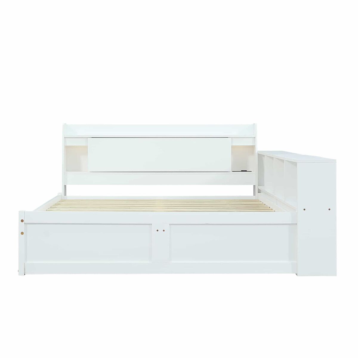 Cama de casal 140x200 - cabeceira com prateleira e 2 luzes, porta de carregamento, armários e gavetas laterais - branco
