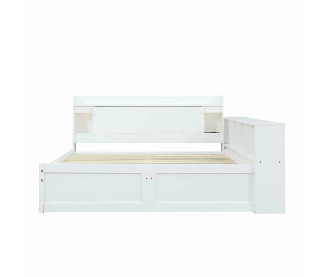 Cama de casal 140x200 - cabeceira com prateleira e 2 luzes, porta de carregamento, armários e gavetas laterais - branco