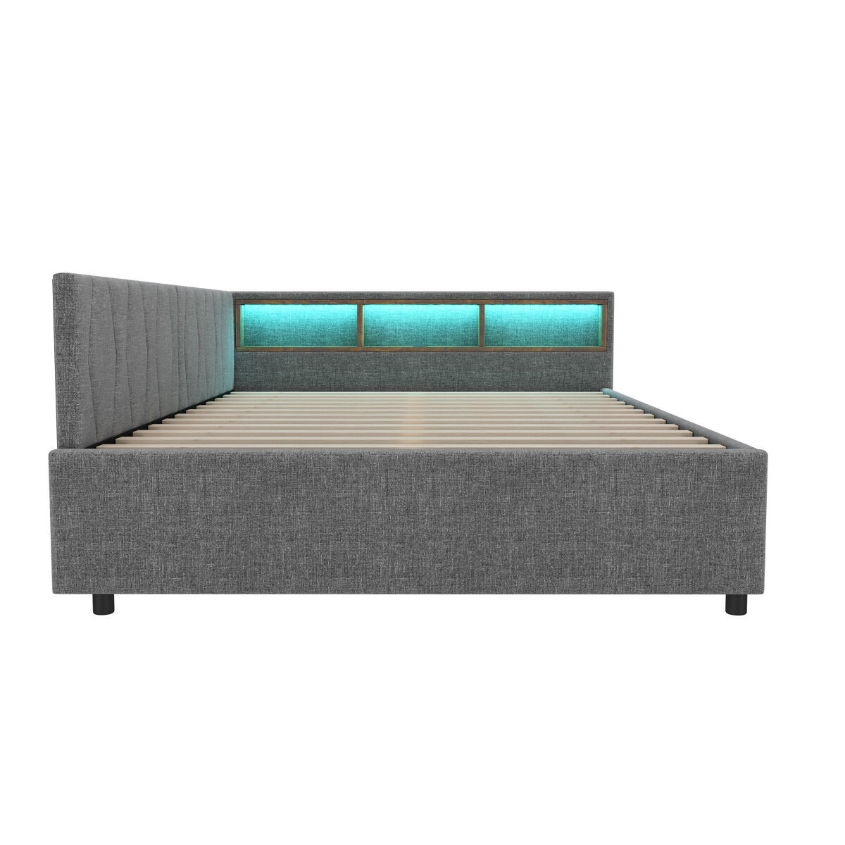 Cama de 140x200 cm - cama convertível, armazenamento com 2 gavetas, luz led ambiente, usb+tipo c, com estrado - cinza
