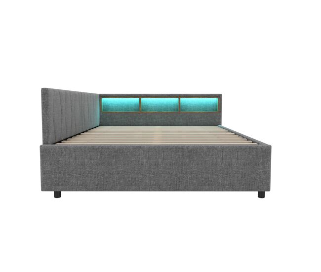 Cama de 140x200 cm - cama convertível, armazenamento com 2 gavetas, luz led ambiente, usb+tipo c, com estrado - cinza