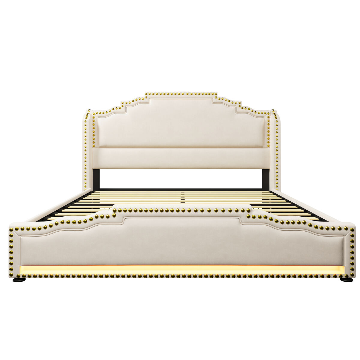 Cama de casal 160x200 - cama com arrumação com 4 gavetas, iluminação led e porta de carregamento usb-c, com estrado - bege