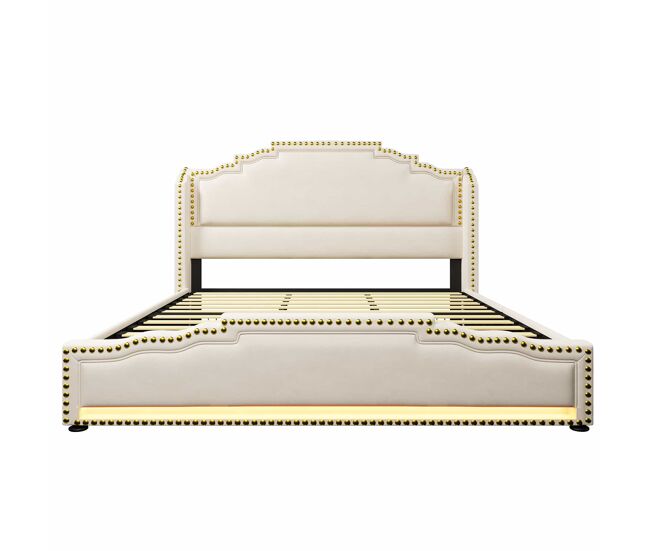 Cama estofada 180x200 - cama de casal com 4 gavetas, iluminação led, porta usb-c, espaço de arrumação, base de ripas - bege