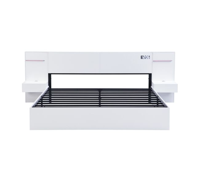 Cama de casal 160x200cm - com usb, relógio eletrónico, altifalante bluetooth, luz led, colchão integrado e 2 mesas de cabeceira - branco