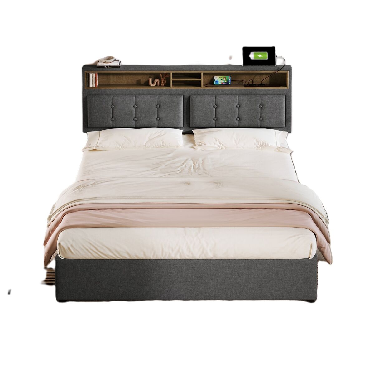 Cama estofada 140x200 cm - com 4 gavetas, usb c, cabeceira ajustável, estrado de madeira - cinza