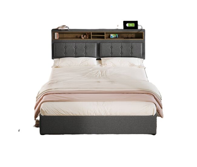 Cama estofada 140x200 cm - com 4 gavetas, usb c, cabeceira ajustável, estrado de madeira - cinza