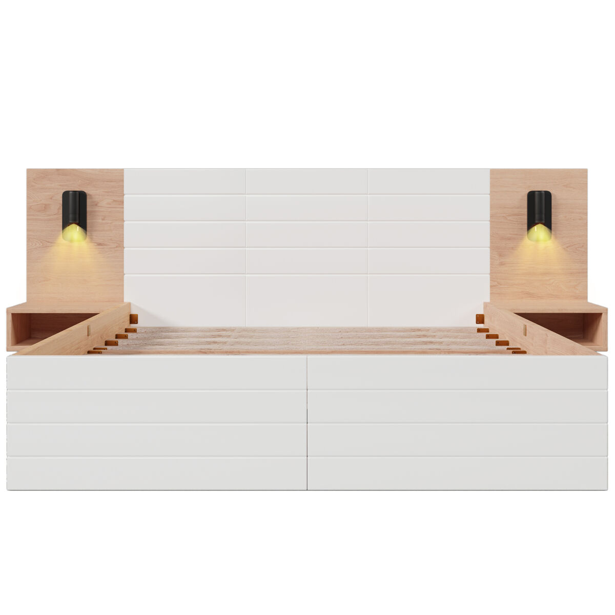 Cama de casal 160x200 cm em madeira - com 2 mesas de cabeceira e 2 gavetas - 2 luzes de leitura giratórias com tomada usb - branco e natural (colchão