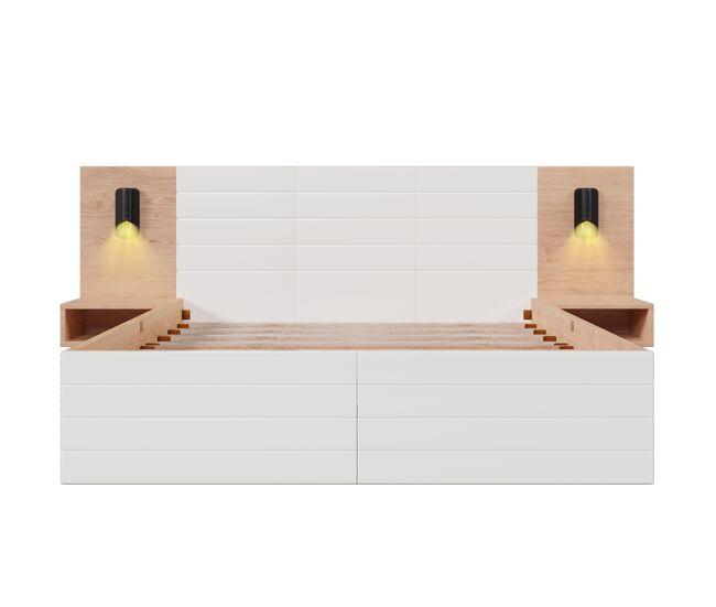 Cama de casal 160x200 cm em madeira - com 2 mesas de cabeceira e 2 gavetas - 2 luzes de leitura giratórias com tomada usb - branco e natural (colchão