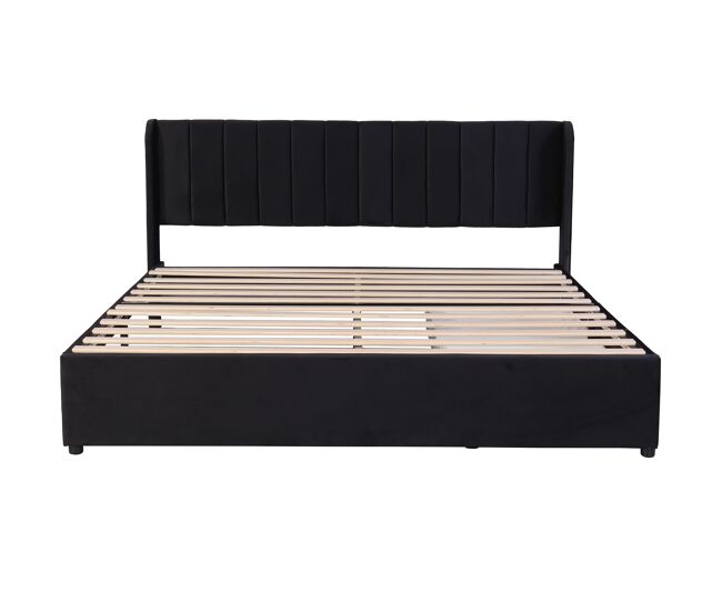 Cama estofada 180x200 cm - com estrado, encosto e 2 gavetas - preto