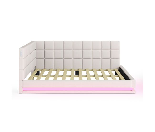 Sofá-cama estofado em veludo 140x200cm - com led e tomada usb - bege