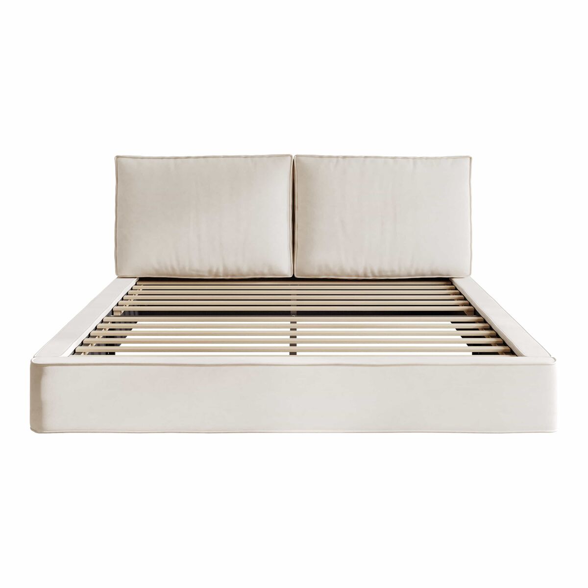 Cama de casal estofada 180x200 cm - com base de colchão, cabeceira acolchoada, tecido de chenille - bege