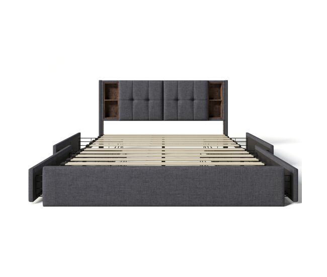 Cama de casal 160x200 cm - com carregamento sem fios usb c e 4 gavetas - cinza linho