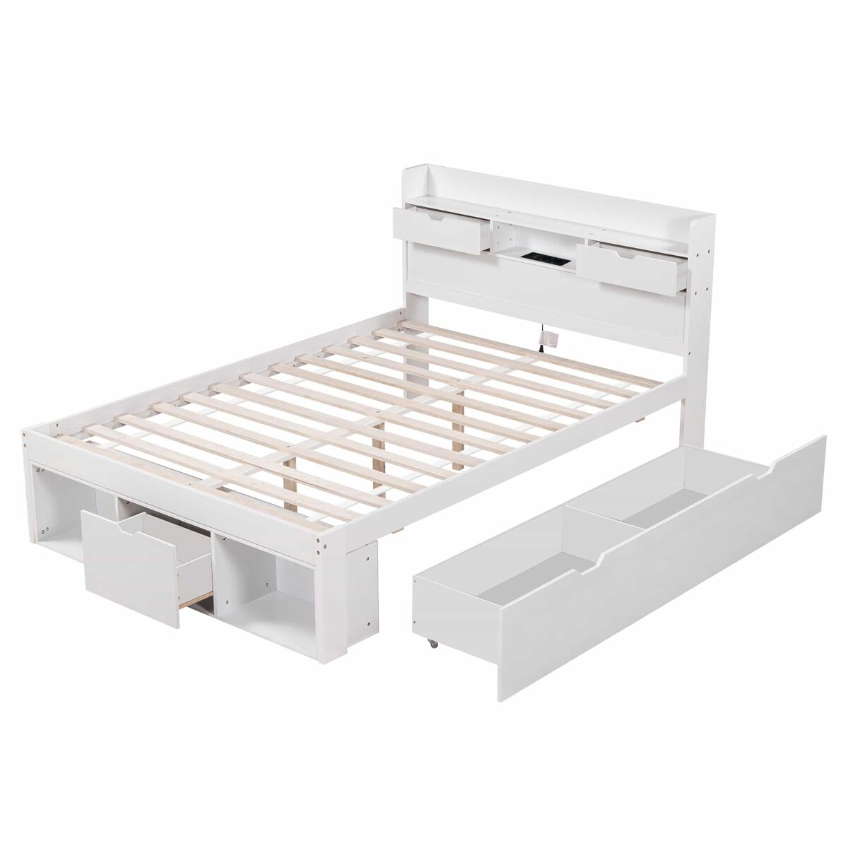 Cama de casal 140x190 - multifuncional com usb, gavetas e armário, grande capacidade de arrumação - branco