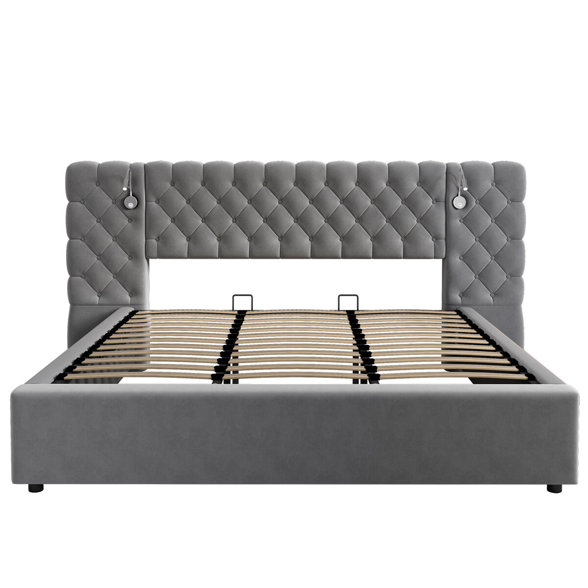 Cama contentora estofada 180x200 cm em veludo - com candeeiro de leitura e estrado - cinzento