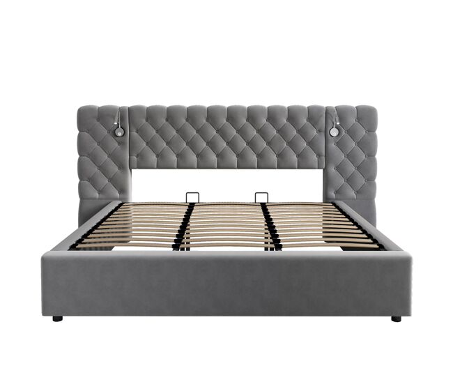 Cama contentora estofada 180x200 cm em veludo - com candeeiro de leitura e estrado - cinzento
