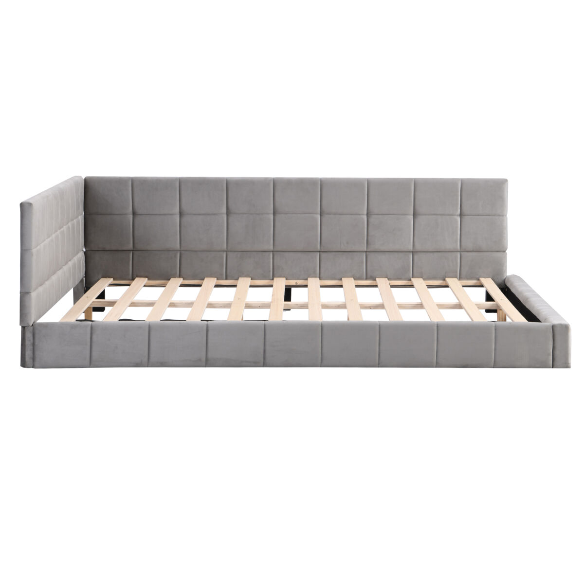 Cama para adultos 140x200cm em veludo com estrado de ripas e grade de ripas - cinzento