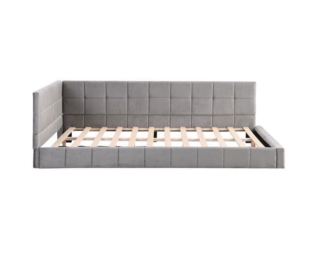Cama para adultos 140x200cm em veludo com estrado de ripas e grade de ripas - cinzento