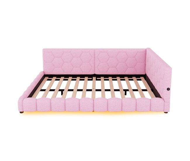Sofá-cama de veludo 140x200 cm - com led e porta usb - rosa