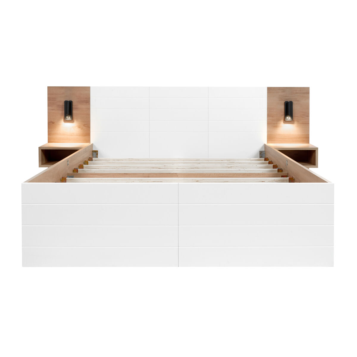 Cama de casal 140x200cm - com 2 gavetas, cabeceira com luz de leitura e função de carregamento usb, inclui 2 mesas de cabeceira, estrado e estrutura - carvalho/blanc