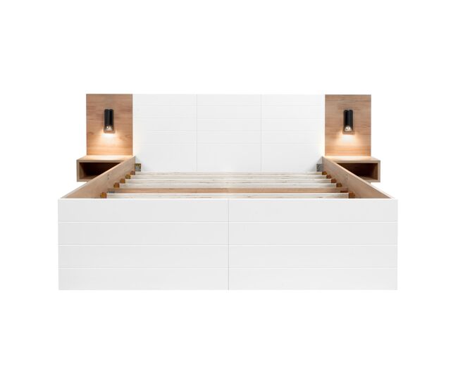 Cama de casal 140x200cm - com 2 gavetas, cabeceira com luz de leitura e função de carregamento usb, inclui 2 mesas de cabeceira, estrado e estrutura - carvalho/blanc