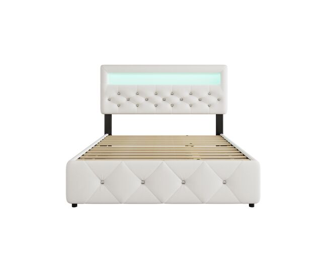Cama estofada 140x200cm (90x190cm) - cama de casal, cama com plataforma, com gaveta e 2 gavetas, mesa de cabeceira com luz led, branca