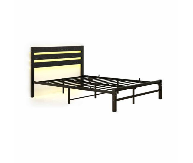 Cama metálica 140x200 cm - com cabeceira, led, porta-carregador usb, estrutura resistente, espaço de arrumação na parte inferior, sem colchão,