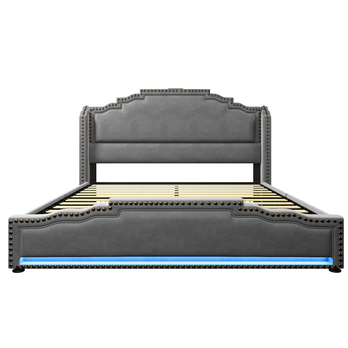 Cama polsterbett 140x200 - com 4 gavetas, iluminação led e porta usb-c, cama juvenil com estrado - cinza