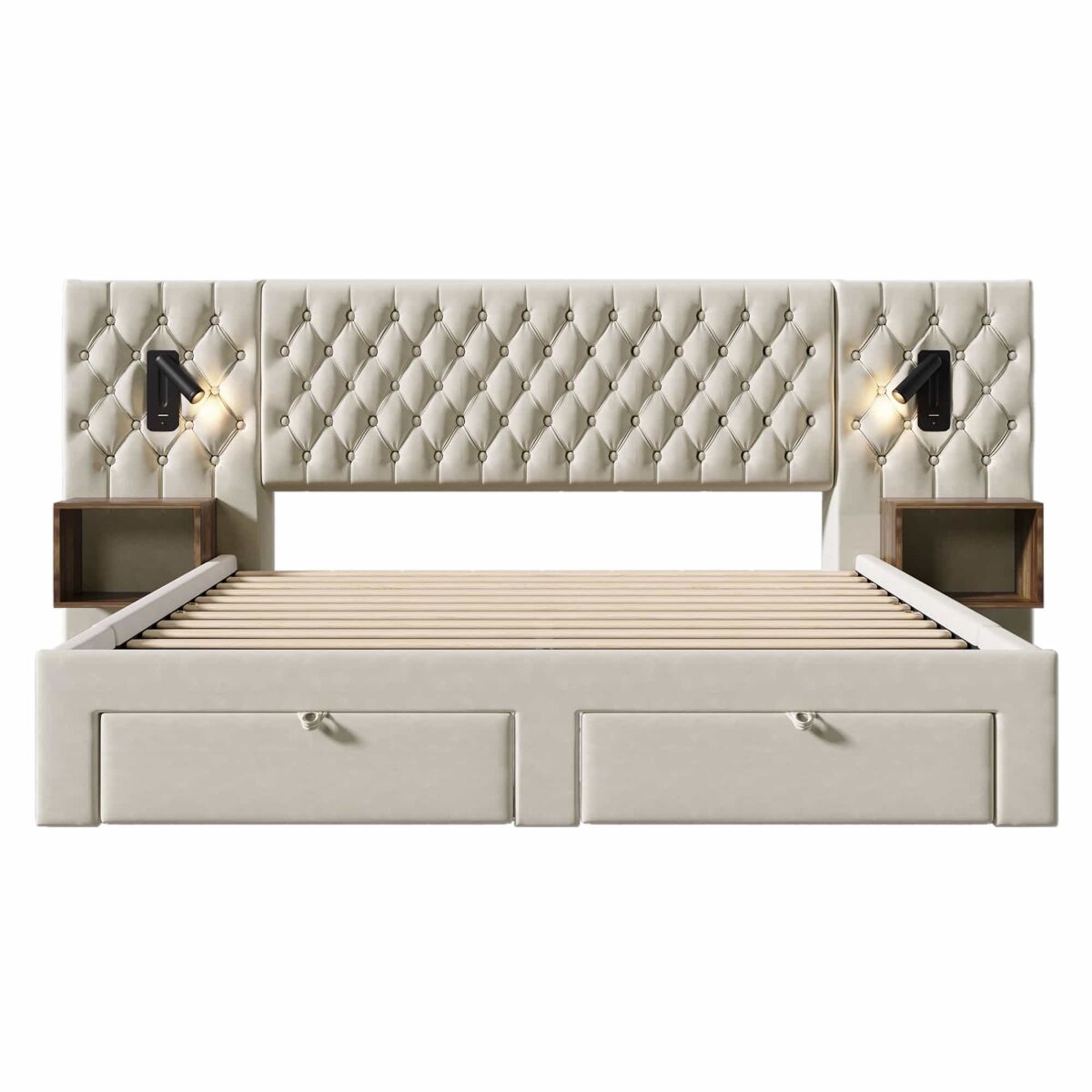 Cama de casal 180x200 cm - conjunto completo de quarto com 2 mesas de cabeceira e 4 gavetas, cabeceira com luz de leitura e porta usb - bege