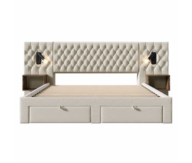 Cama de casal 180x200 cm - conjunto completo de quarto com 2 mesas de cabeceira e 4 gavetas, cabeceira com luz de leitura e porta usb - bege