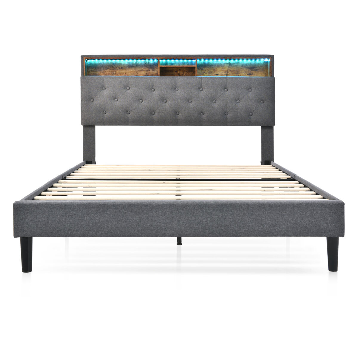 Cama de casal estofada 140x200 - com arrumação, cabeceira e luz led, estrado de madeira - cinza