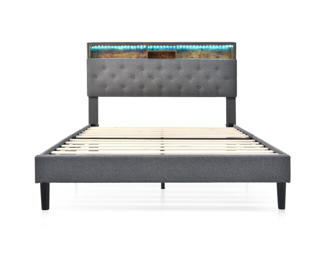 Cama de casal estofada 140x200 - com arrumação, cabeceira e luz led, estrado de madeira - cinza