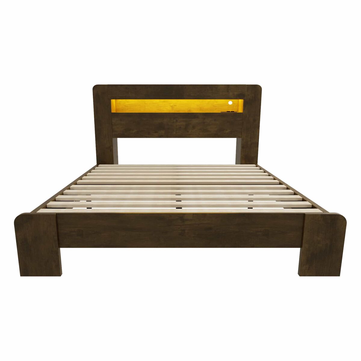 Cama de madeira 140 x 200 cm - com arrumação na cabeceira, iluminação led, tomadas integradas, cama de plataforma em estilo vintage moderno - madeira