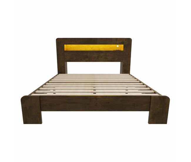 Cama de madeira 140 x 200 cm - com arrumação na cabeceira, iluminação led, tomadas integradas, cama de plataforma em estilo vintage moderno - madeira