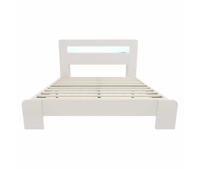 Cama de plataforma em madeira 140 x 200 cm - com arrumação na cabeceira, iluminação led e tomadas integradas, estilo moderno - branco