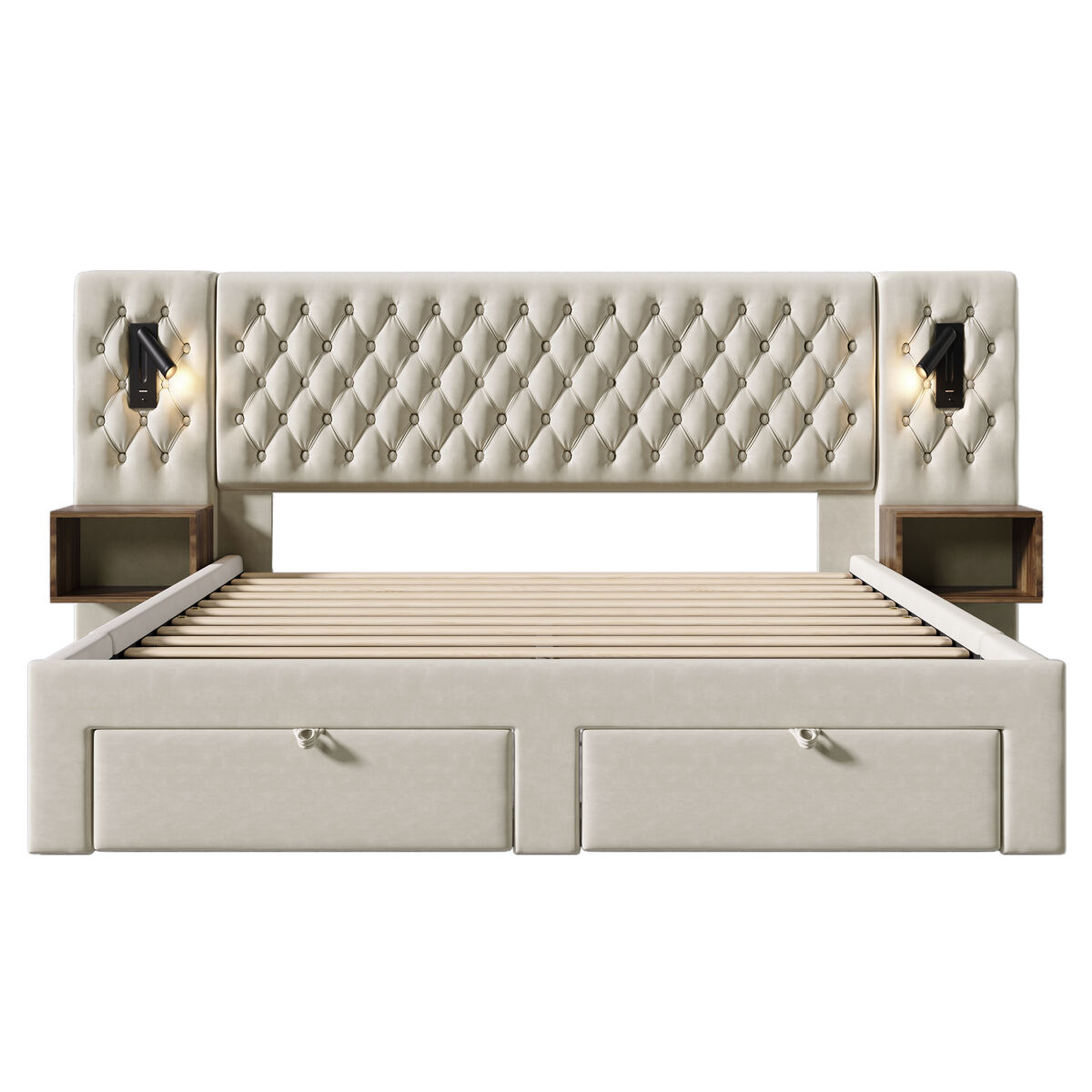 Conjunto completo cama estofada 160x200 cm - 2 mesas de cabeceira, 4 gavetas, luz led usb - bege