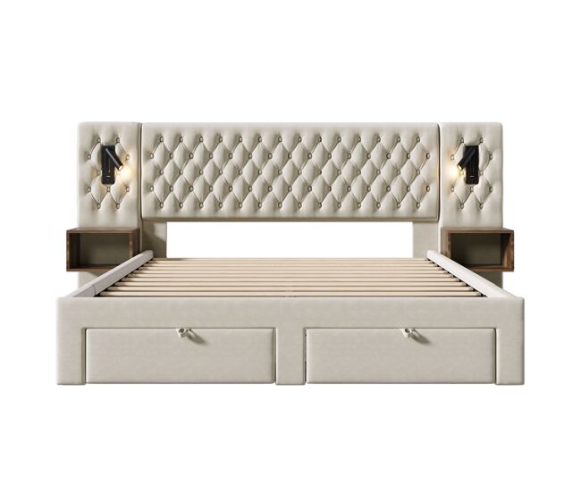Conjunto completo para quarto - cama estofada 160x200 cm - 2 mesas de cabeceira, 4 gavetas, luz led, bege, veludo