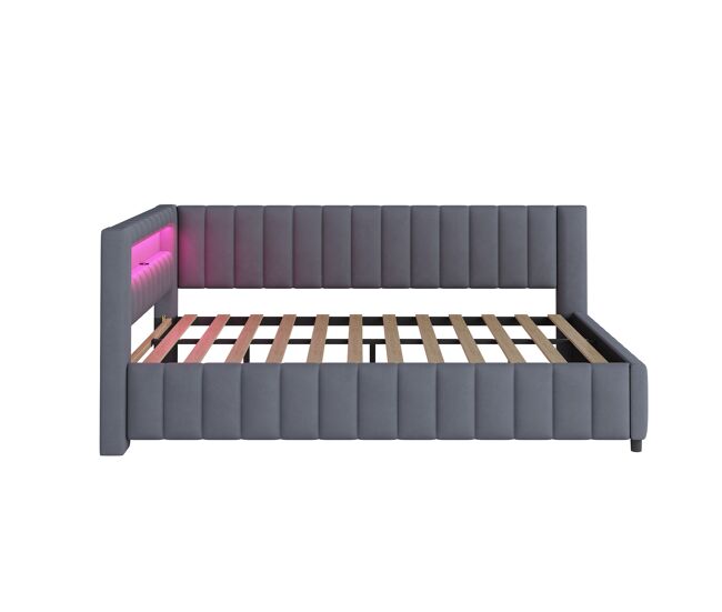 Sofá-cama estofado 140x200 cm - com luz led, porta usb, encosto e cabeceira, estrutura resistente - cinza