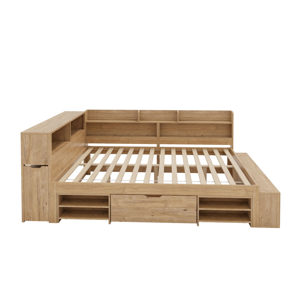 Cama infantil 140x200 cm - multifuncional com mesinha, gavetas, prateleiras e arrumação - natural