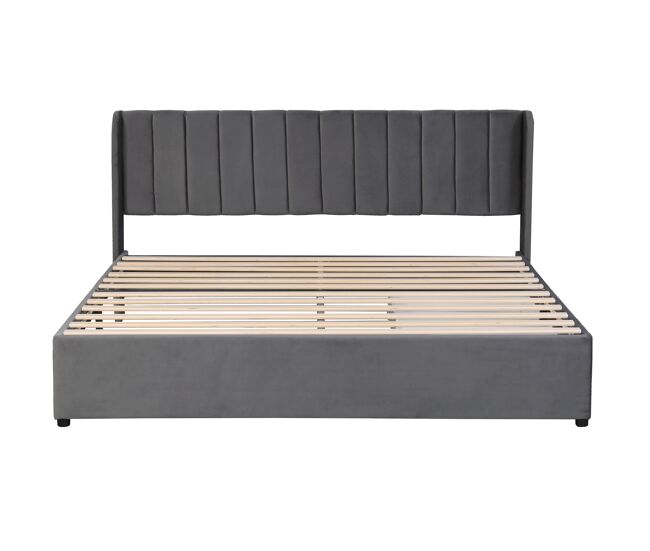 Cama estofada 180x200 cm - com estrado, encosto e 2 gavetas - cinza