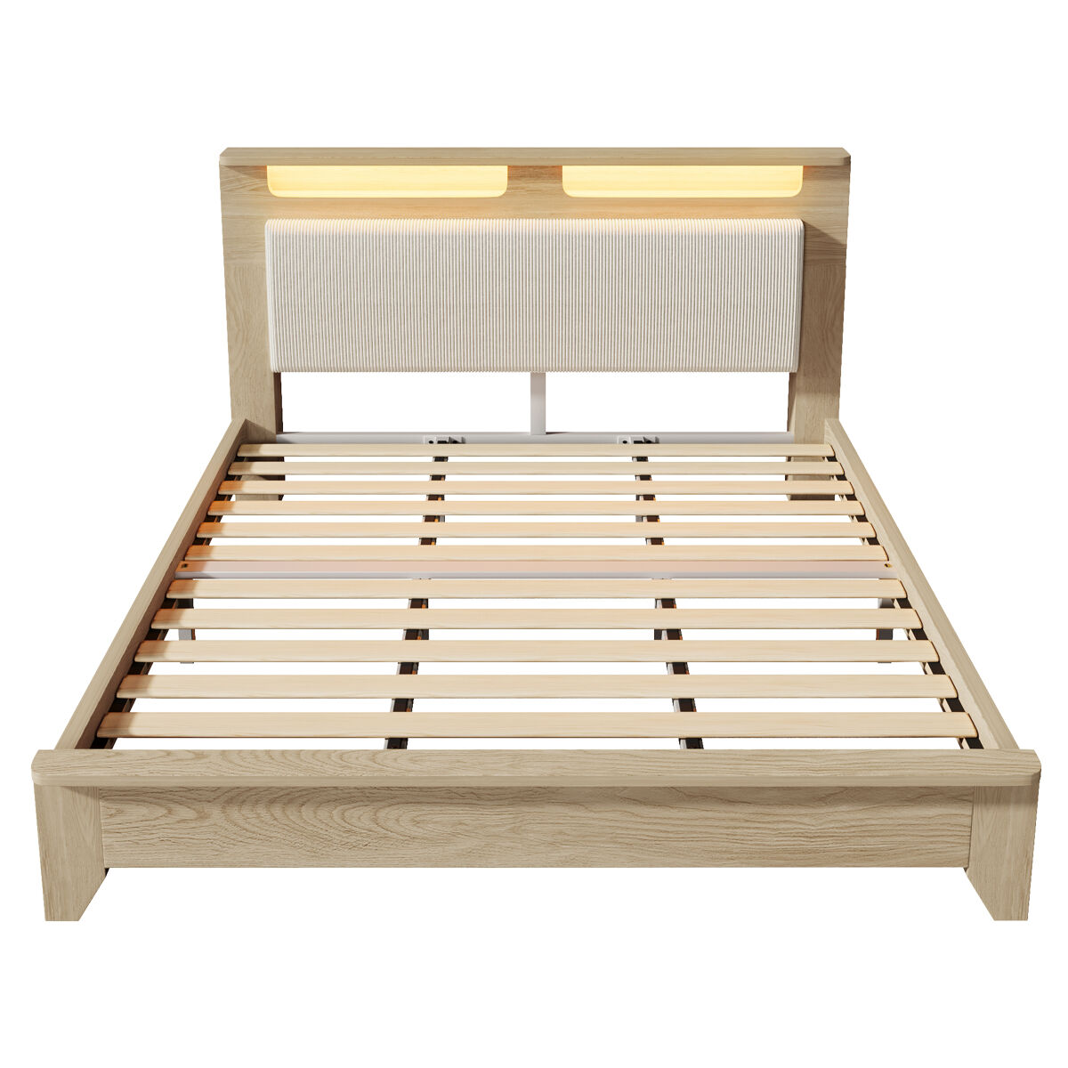 Cama de casal 180x200 cm - cabeceira com arrumação, iluminação led, encosto em veludo bege - carvalho claro