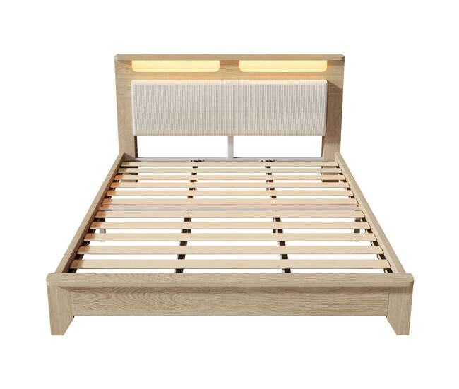 Cama de casal 180x200 cm - cabeceira com arrumação, iluminação led, encosto em veludo bege - carvalho claro
