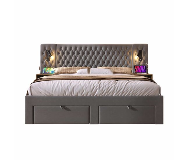 Cama estofada 180x200 cm - com 2 mesas de cabeceira e 4 gavetas, cabeceira com luz de leitura e porta usb - cinza