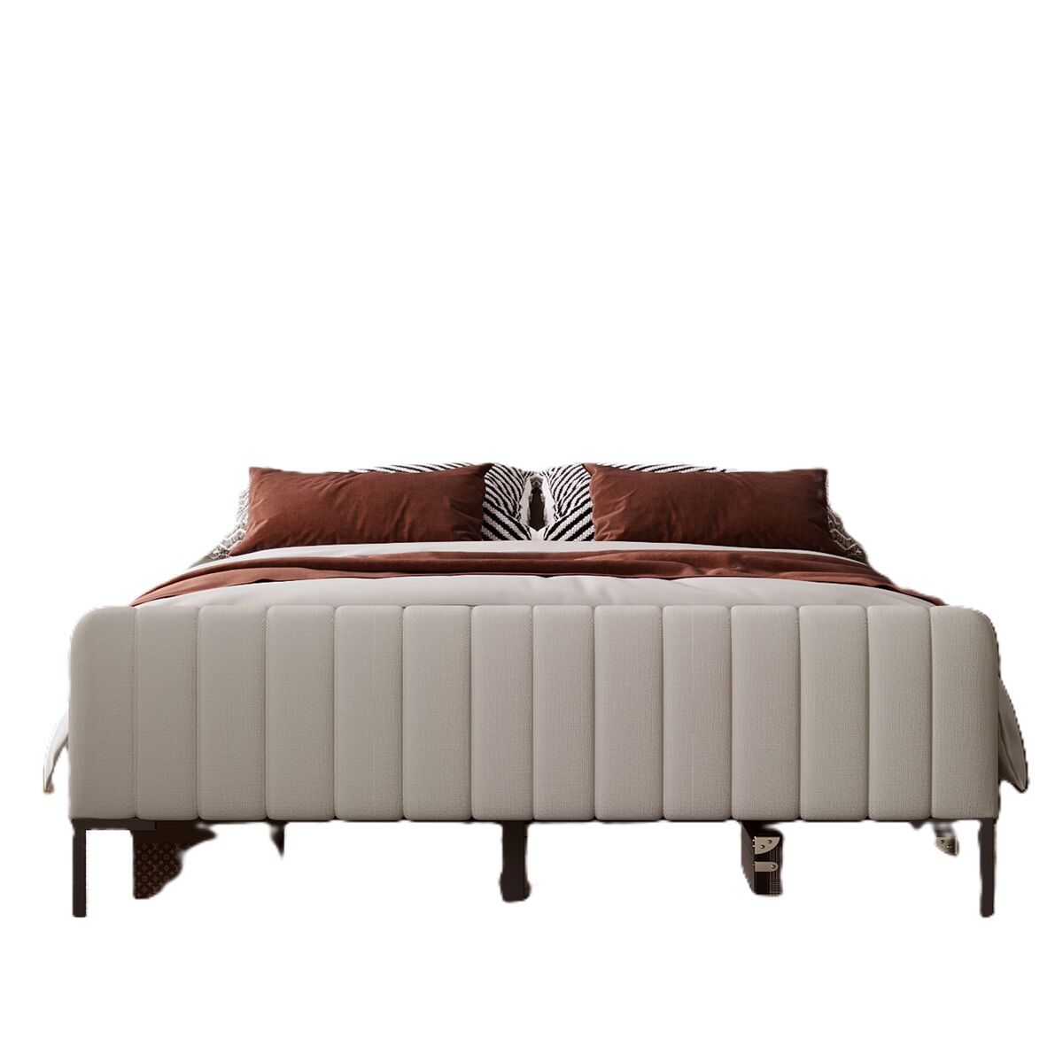 Cama individual estofada 140x200 - com estrado e cabeceira ajustável - cinza-bege